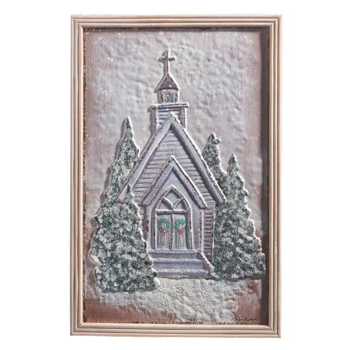 24.75" SNOWY CHAPEL EMBOSSED METAL FRAMED WALL ART