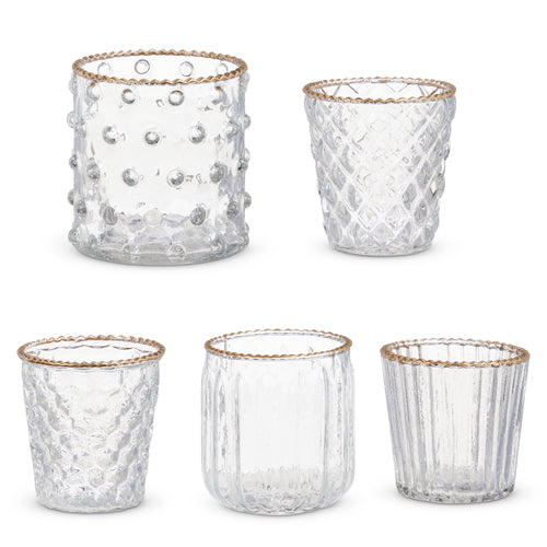 GOLD RIM GLASS VOTIVES asst.