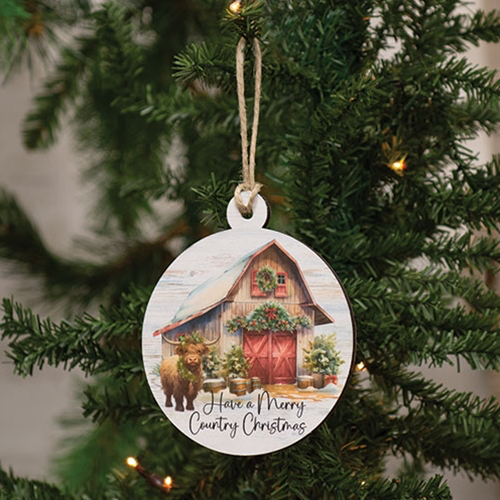 Have A Merry Country Christmas Highland Barn Round Wooden Ornament