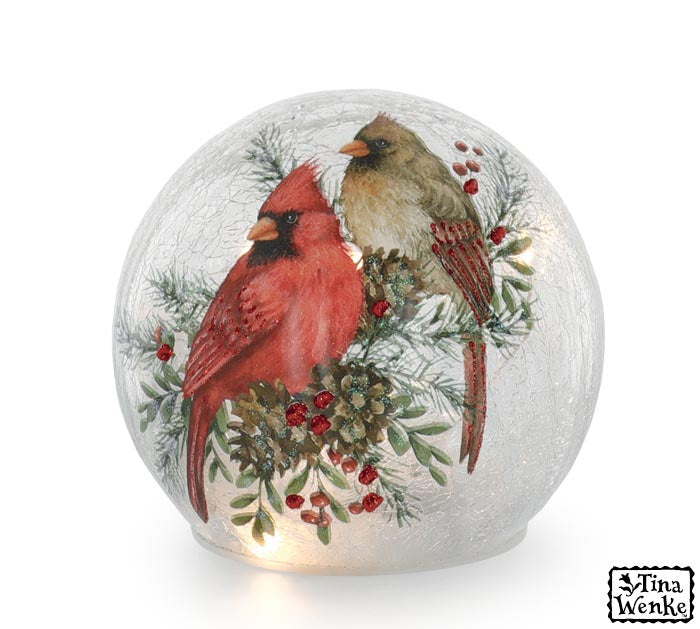 LIGHT UP GLASS GLOBE WITH TWO CARDINALS