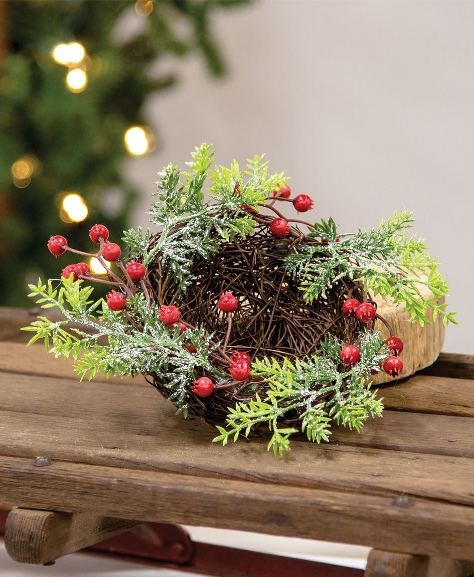 Snowy Pine & Red Berry Bird Nest