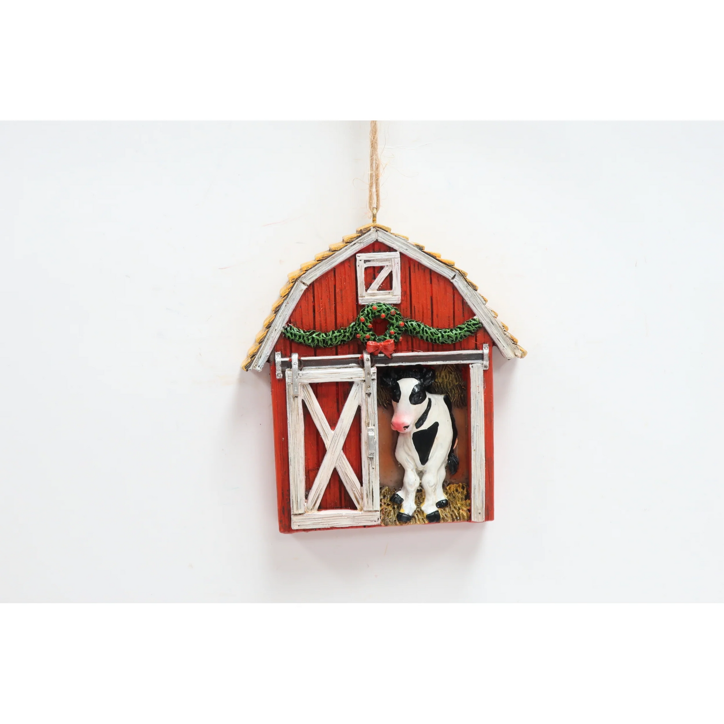 Cow with barn ornament
