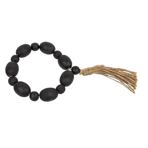 Black Distressed Wood Oval Bead Candle Ring w/Jute Tassel