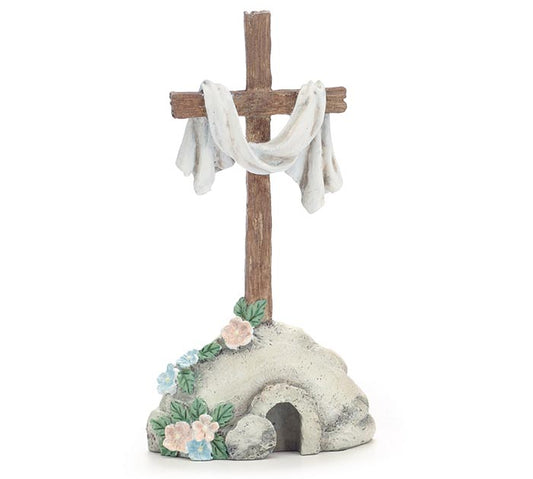 RESIN CROSS IN STONE SHELF SITTER